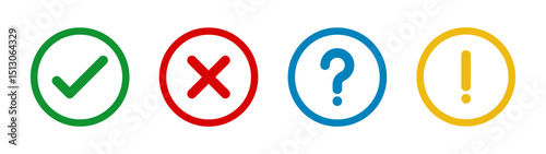 Check mark, cross, X, exclamation point, question mark and information mark vector. Tick, cross, exclamatory, question and info mark for right and wrong choices, Todo list, Choice list, feedback.