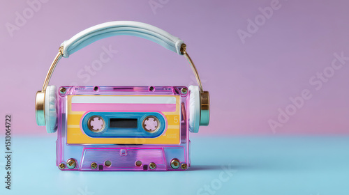 Colorful cassette tape with headphones evokes nostalgia against pastel background, blending retro and modern aesthetics