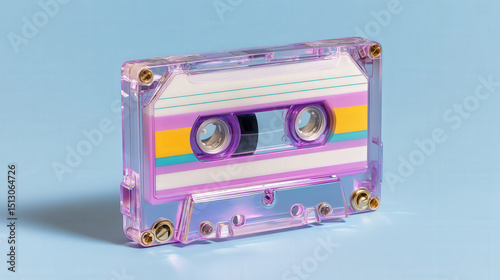 Colorful, transparent cassette tape with retro design is set against light blue background, evoking nostalgia and vintage charm