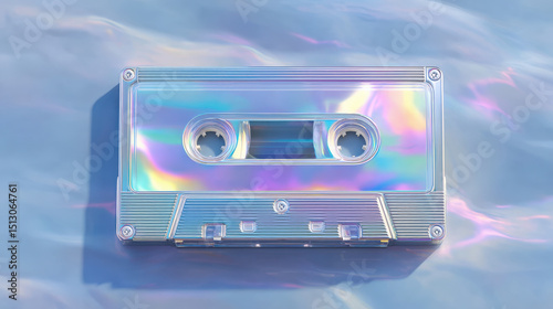 Holographic cassette tape with iridescent colors lies on pastel background, evoking nostalgia and retro vibes. shimmering surface reflects light beautifully, creating dreamy atmosphere