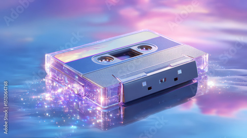 Glowing cassette tape rests on reflective surface, surrounded by dreamy, pastel colored sky. scene evokes nostalgia and sense of wonder