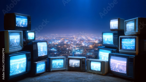 Collection of vintage televisions displays vibrant cityscape at night, creating nostalgic and surreal atmosphere. glowing screens contrast with dark surroundings, highlighting urban lights