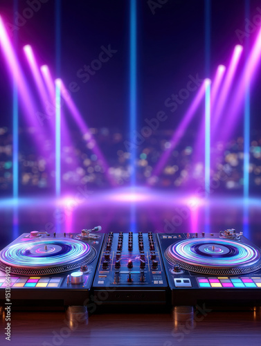 Vibrant DJ booth setup with glowing vinyls and colorful lights creates energetic atmosphere. synthwave aesthetic is enhanced by neon hues and cityscape backdrop