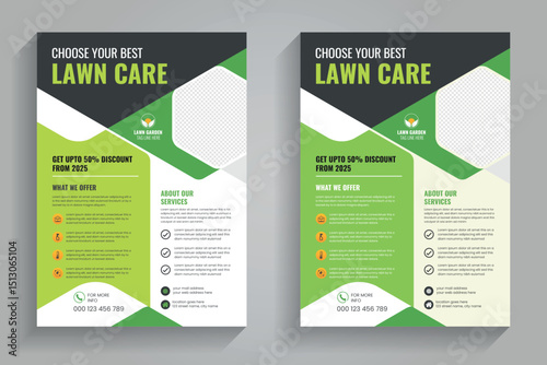 Lawn mower landscaping garden service flyer brochure cover template. Lawn and gardening or landscaping service flyer template