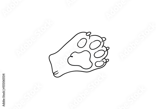 Cat foot drawing. It is a black and white outline image of a feline paw, showcasing the soft pads and delicate structure, characteristic of a cat's foot. Vector sketch line art draw.