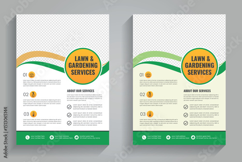 Lawn mower landscaping garden service flyer brochure cover template design. Tree and gardening service poster leaflet design. lawnmower flyer template.