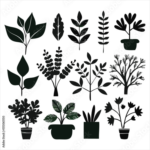Diverse Plant Icon Collection Featuring Leaves Trees Potted Plants and Forest Silhouettes
