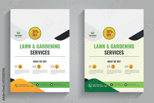 Lawn mower landscaping garden service flyer brochure cover template design. Tree and gardening service poster leaflet design. lawnmower flyer template.