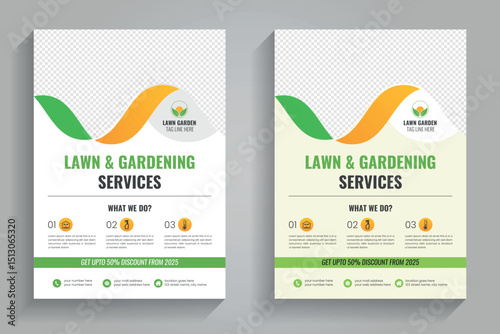 Lawn gardening service flyer brochure cover template. Lawn and gardening or landscaping service flyer template