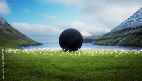 Mysterious sphere appears in lush landscape surrounded by waterfalls and mountains