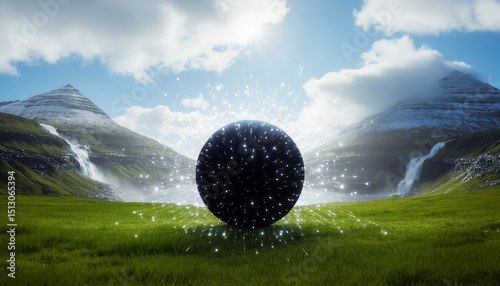 Mysterious sphere appears in lush landscape surrounded by waterfalls and mountains