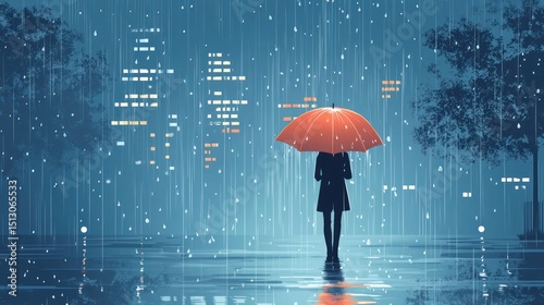 Rainy Cityscape Silhouette Woman Umbrella photo