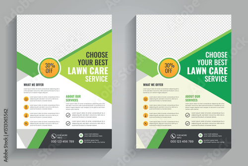 Lawn mower landscaping garden service flyer brochure cover template. Lawn and gardening or landscaping service flyer template