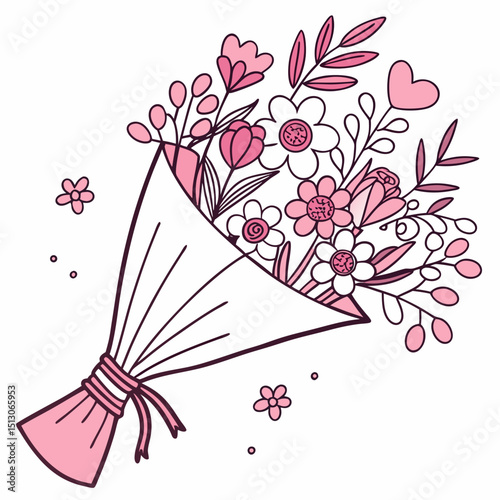 Line art bouquet in pink color Valentine's day gift. Vector graphic