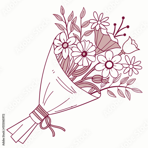 Line art bouquet in pink color Valentine's day gift. Vector graphic