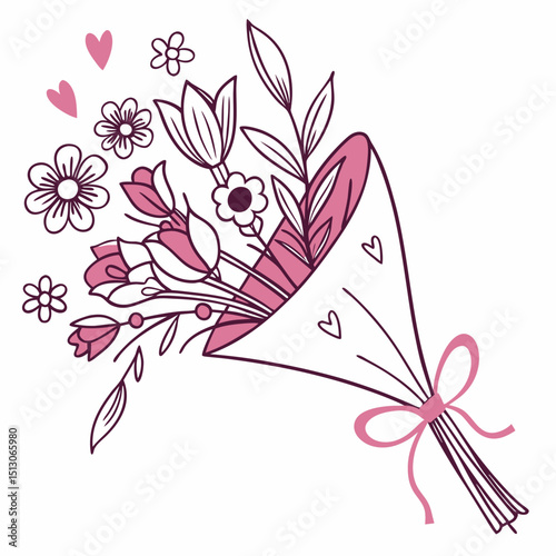 Line art bouquet in pink color Valentine's day gift. Vector graphic