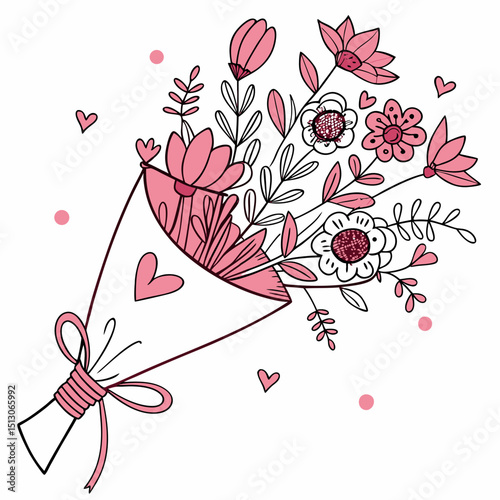 Line art bouquet in pink color Valentine's day gift. Vector graphic