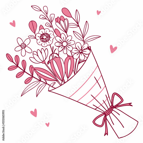 Line art bouquet in pink color Valentine's day gift. Vector graphic