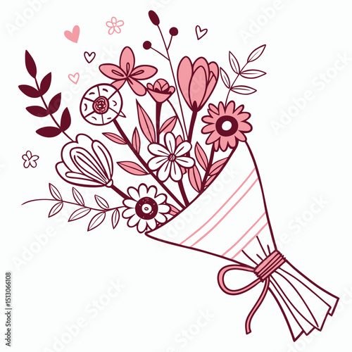 Line art bouquet in pink color Valentine's day gift. Vector graphic