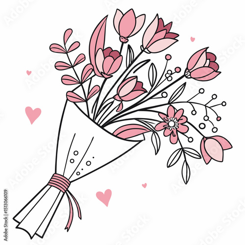 Line art bouquet in pink color Valentine's day gift. Vector graphic