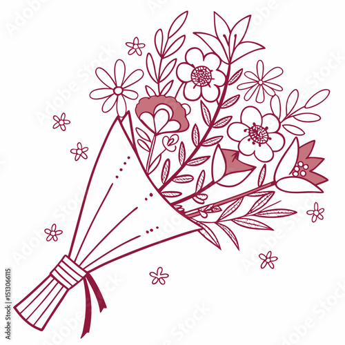 Line art bouquet in pink color Valentine's day gift. Vector graphic
