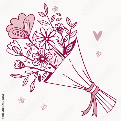 Line art bouquet in pink color Valentine's day gift. Vector graphic