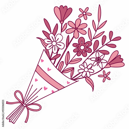 Line art bouquet in pink color Valentine's day gift. Vector graphic