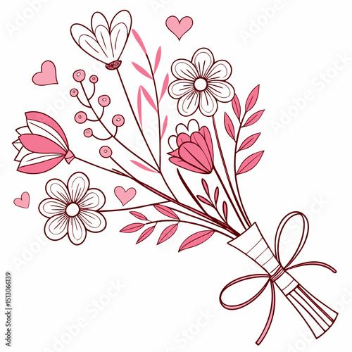 Line art bouquet in pink color Valentine's day gift. Vector graphic