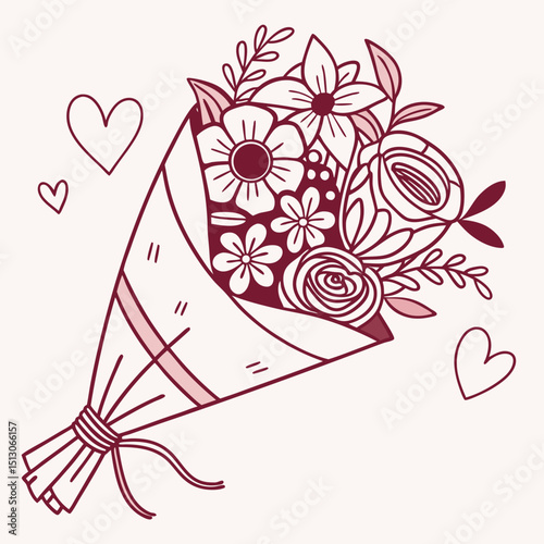Line art bouquet in pink color Valentine's day gift. Vector graphic