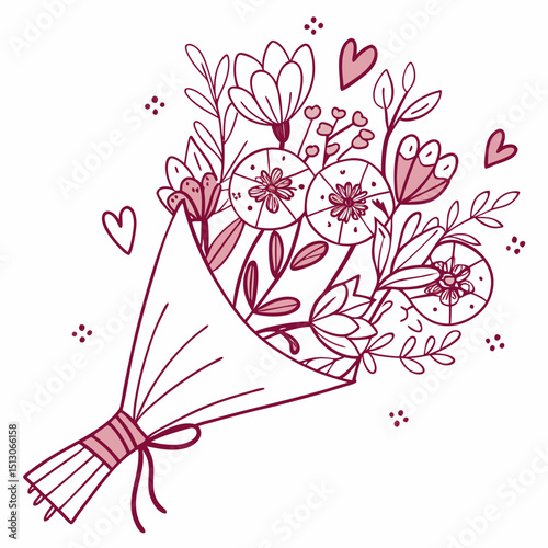 Line art bouquet in pink color Valentine's day gift. Vector graphic