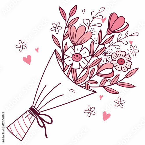 Line art bouquet in pink color Valentine's day gift. Vector graphic