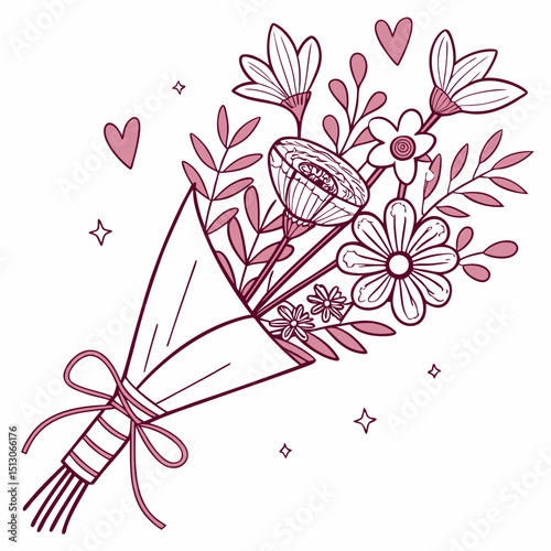 Line art bouquet in pink color Valentine's day gift. Vector graphic