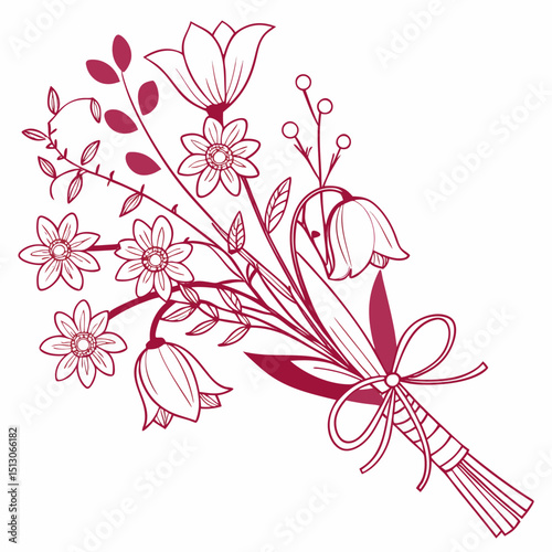 Line art bouquet in pink color Valentine's day gift. Vector graphic