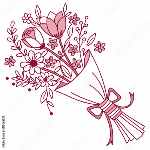 Line art bouquet in pink color Valentine's day gift. Vector graphic