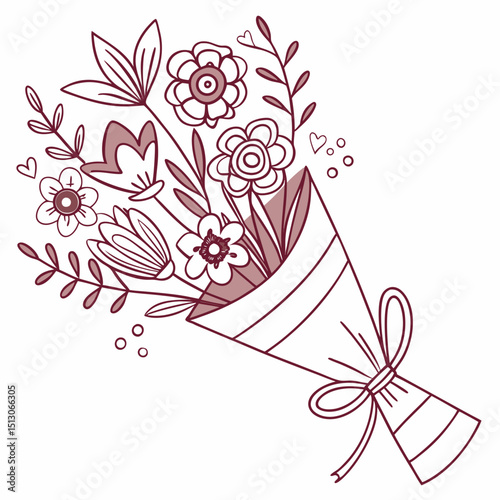Line art bouquet in pink color Valentine's day gift. Vector graphic