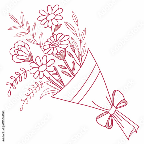 Line art bouquet in pink color Valentine's day gift. Vector graphic