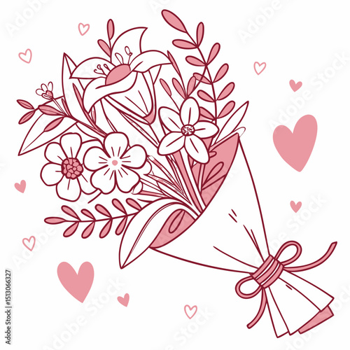 Line art bouquet in pink color Valentine's day gift. Vector graphic