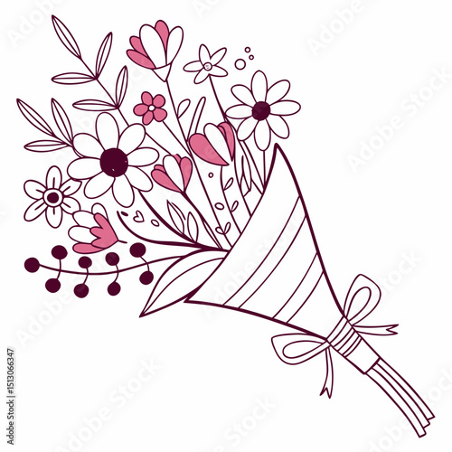 Line art bouquet in pink color Valentine's day gift. Vector graphic