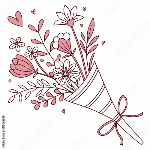Line art bouquet in pink color Valentine's day gift. Vector graphic