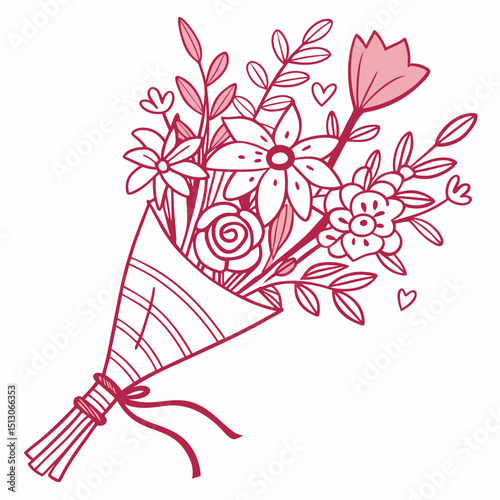 Line art bouquet in pink color Valentine's day gift. Vector graphic