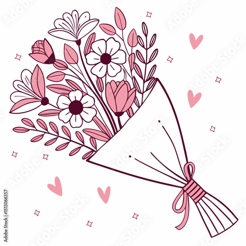 Line art bouquet in pink color Valentine's day gift. Vector graphic