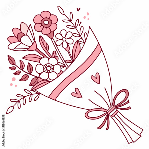 Line art bouquet in pink color Valentine's day gift. Vector graphic