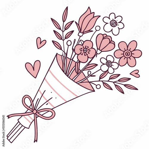 Line art bouquet in pink color Valentine's day gift. Vector graphic