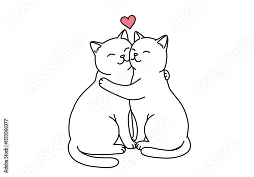 Cat love drawing. It is a black and white outline image of two felines embracing, a sweet depiction of cats hugging with a heart symbolizing their affection. Vector sketch line art draw.