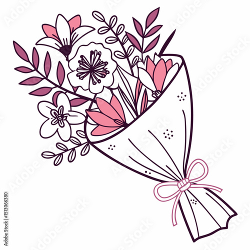 Line art bouquet in pink color Valentine's day gift. Vector graphic