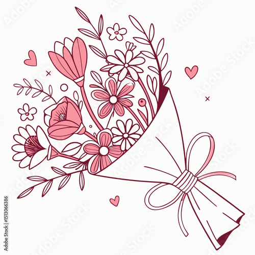 Line art bouquet in pink color Valentine's day gift. Vector graphic