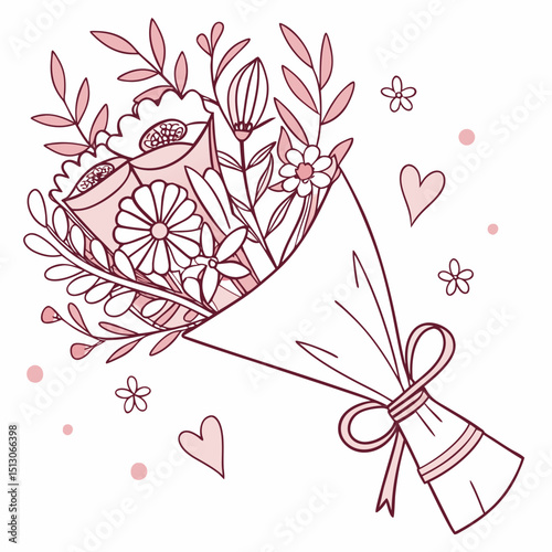 Line art bouquet in pink color Valentine's day gift. Vector graphic