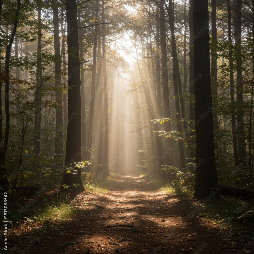 Fototapeta premium Sunbeams Illuminate Misty Forest Path