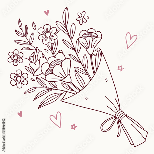 Line art bouquet in pink color Valentine's day gift. Vector graphic