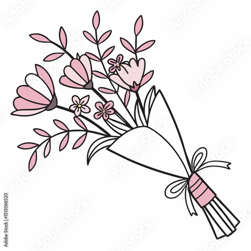 Line art bouquet in pink color Valentine's day gift. Vector graphic